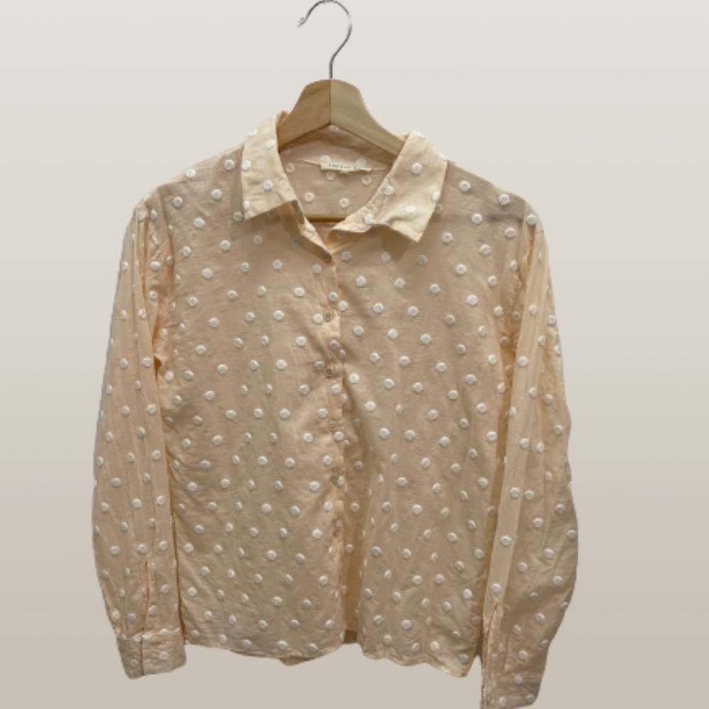 Copper Key Sheer Button Down Top with Polka Dots